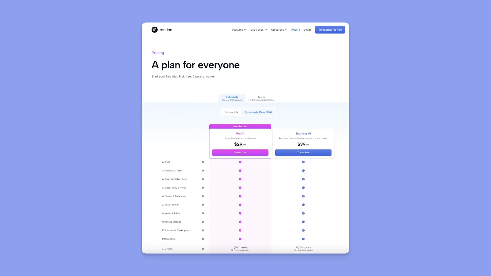 Página de Preços de Motion
