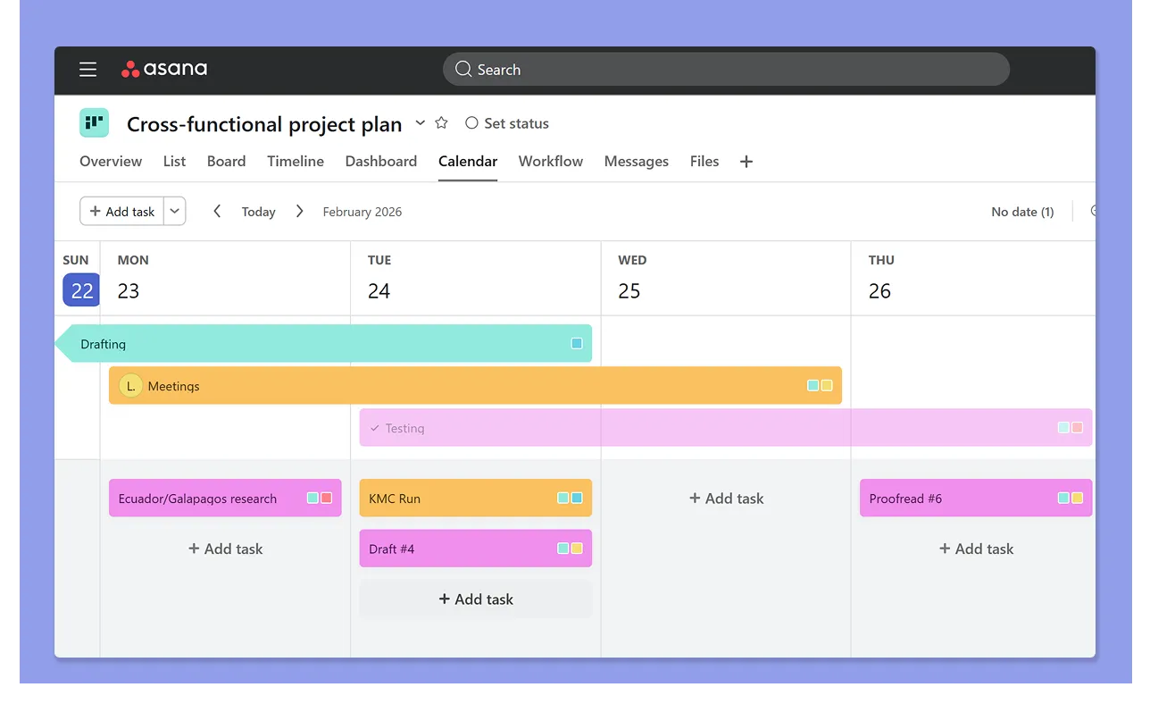 funcionalidades de calendário asana