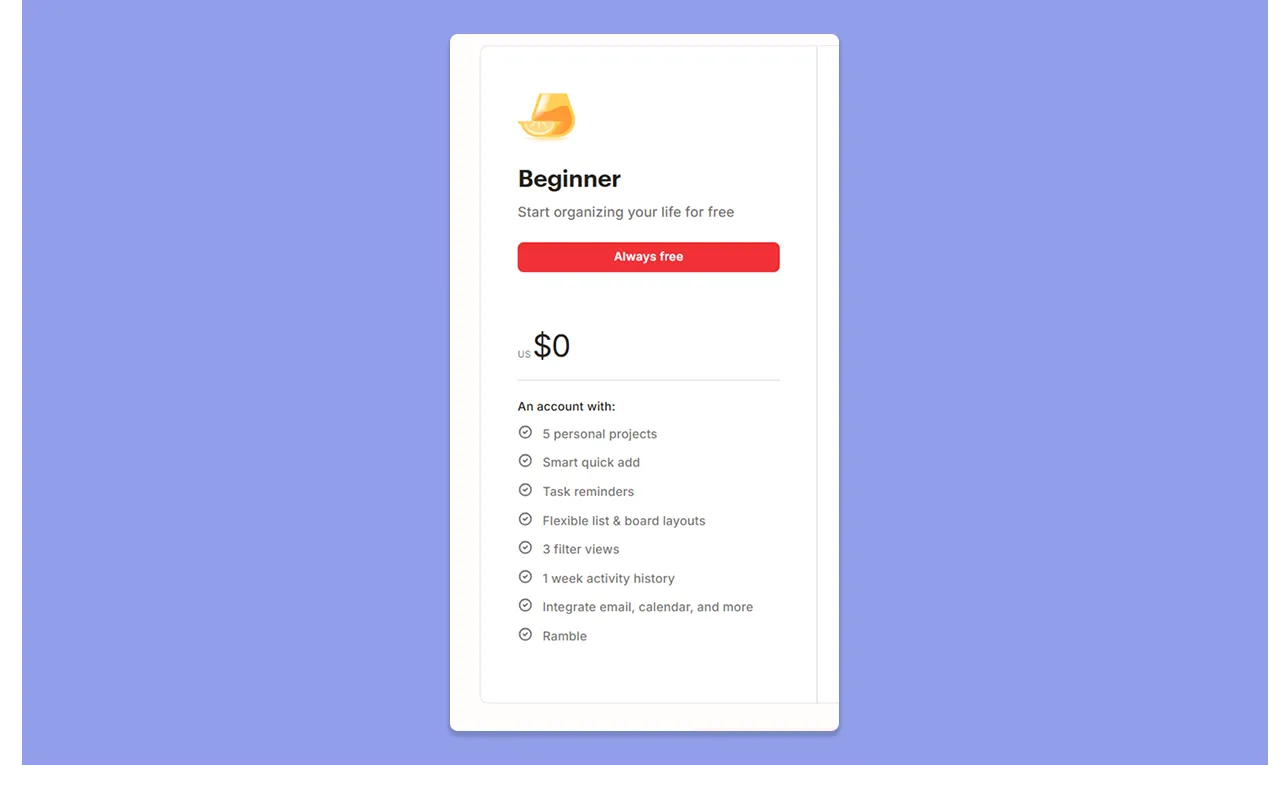 Todoist Preisgestaltung Beginner (Kostenloser Plan)