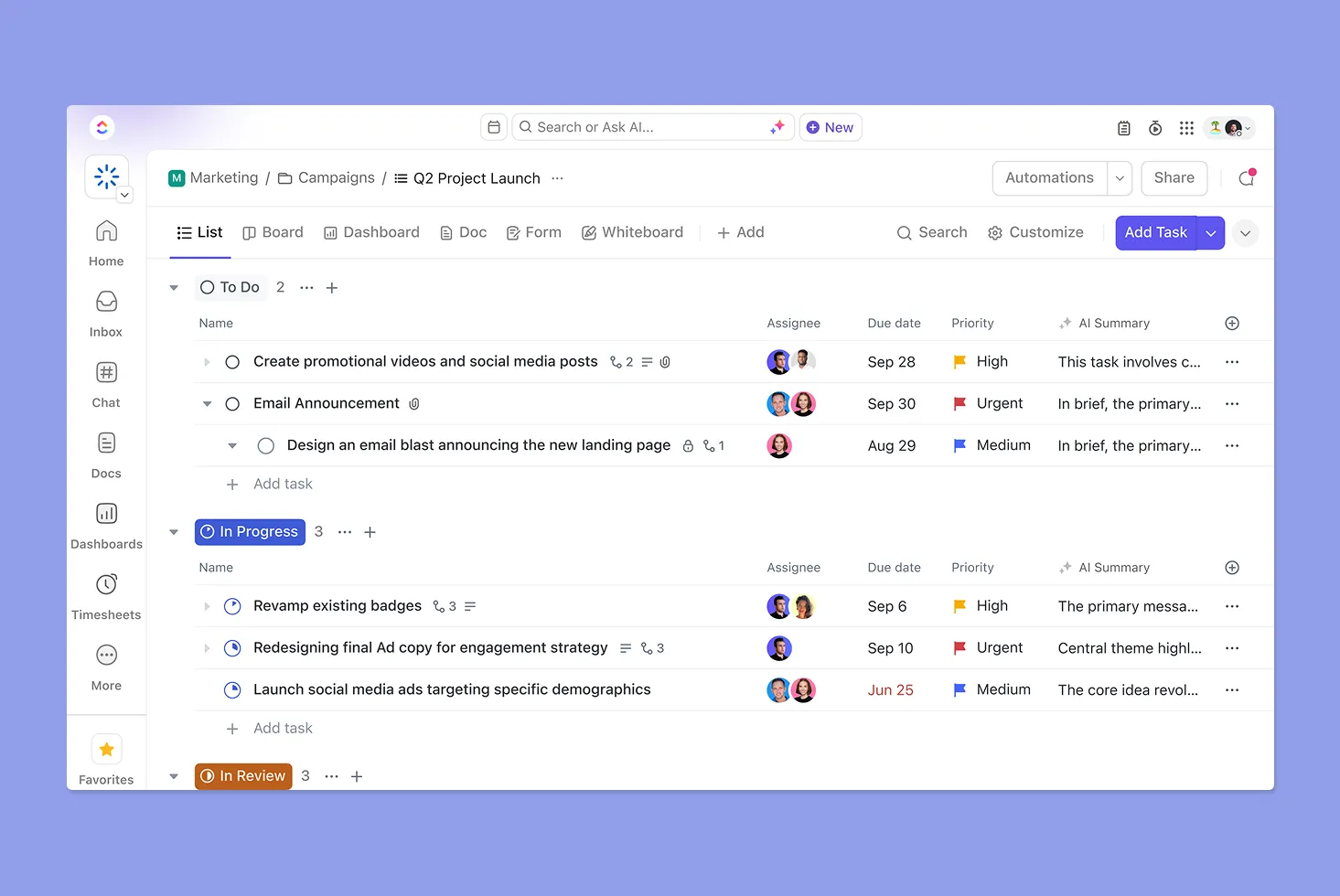 ClickUp project and task planning