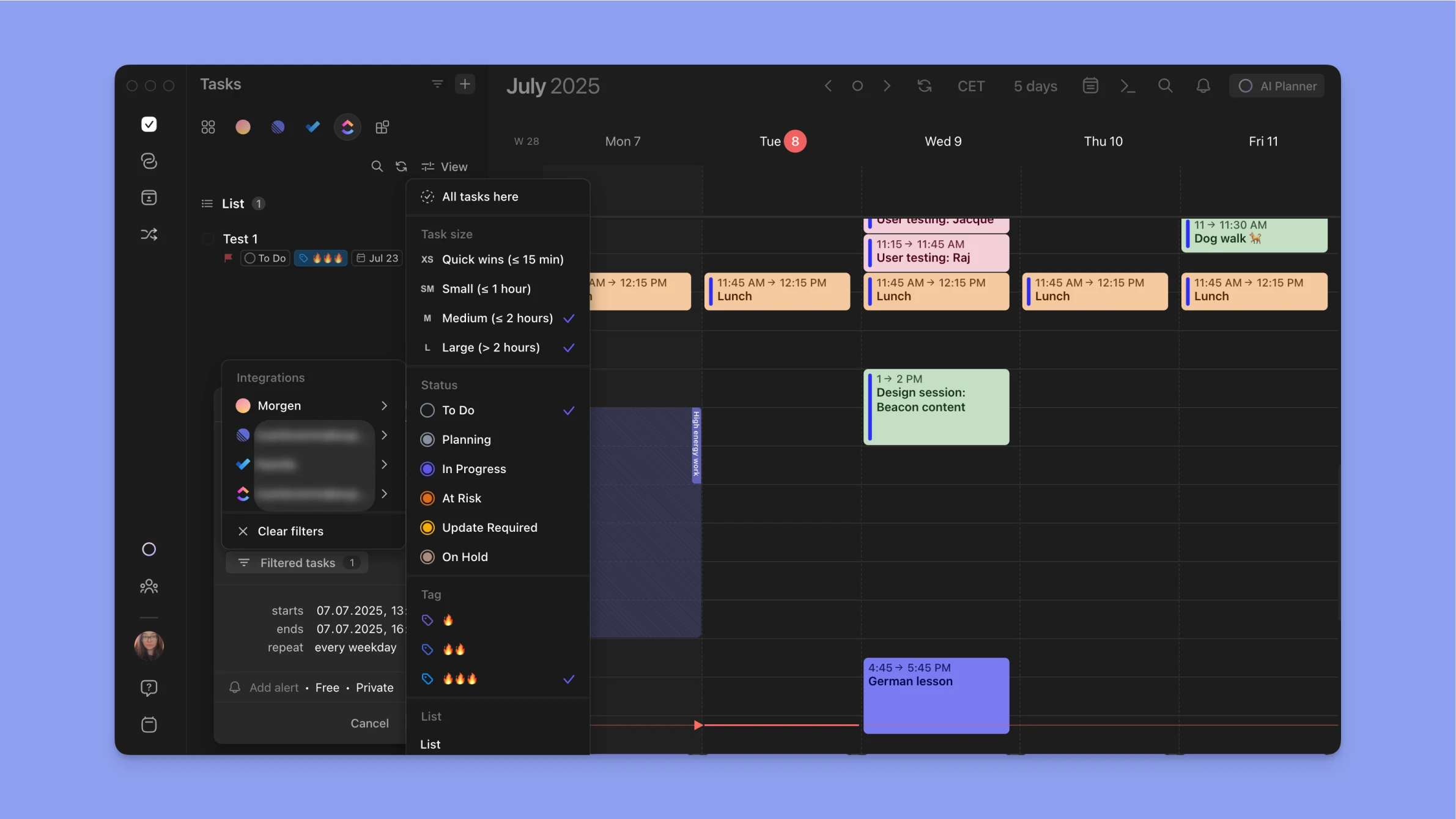 Filtros múltiples de tareas de Morgen ClickUp