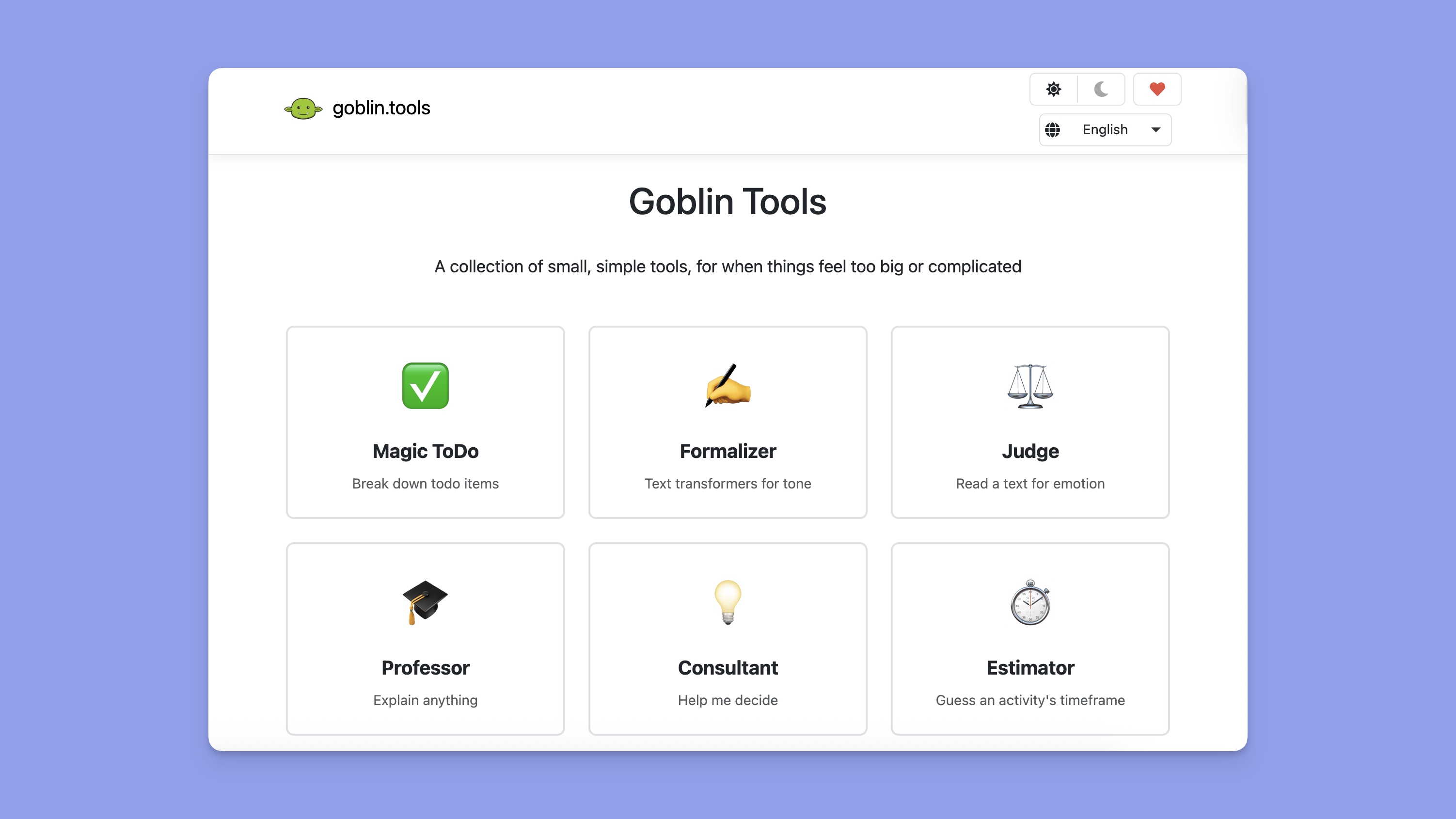 goblin tools landing page