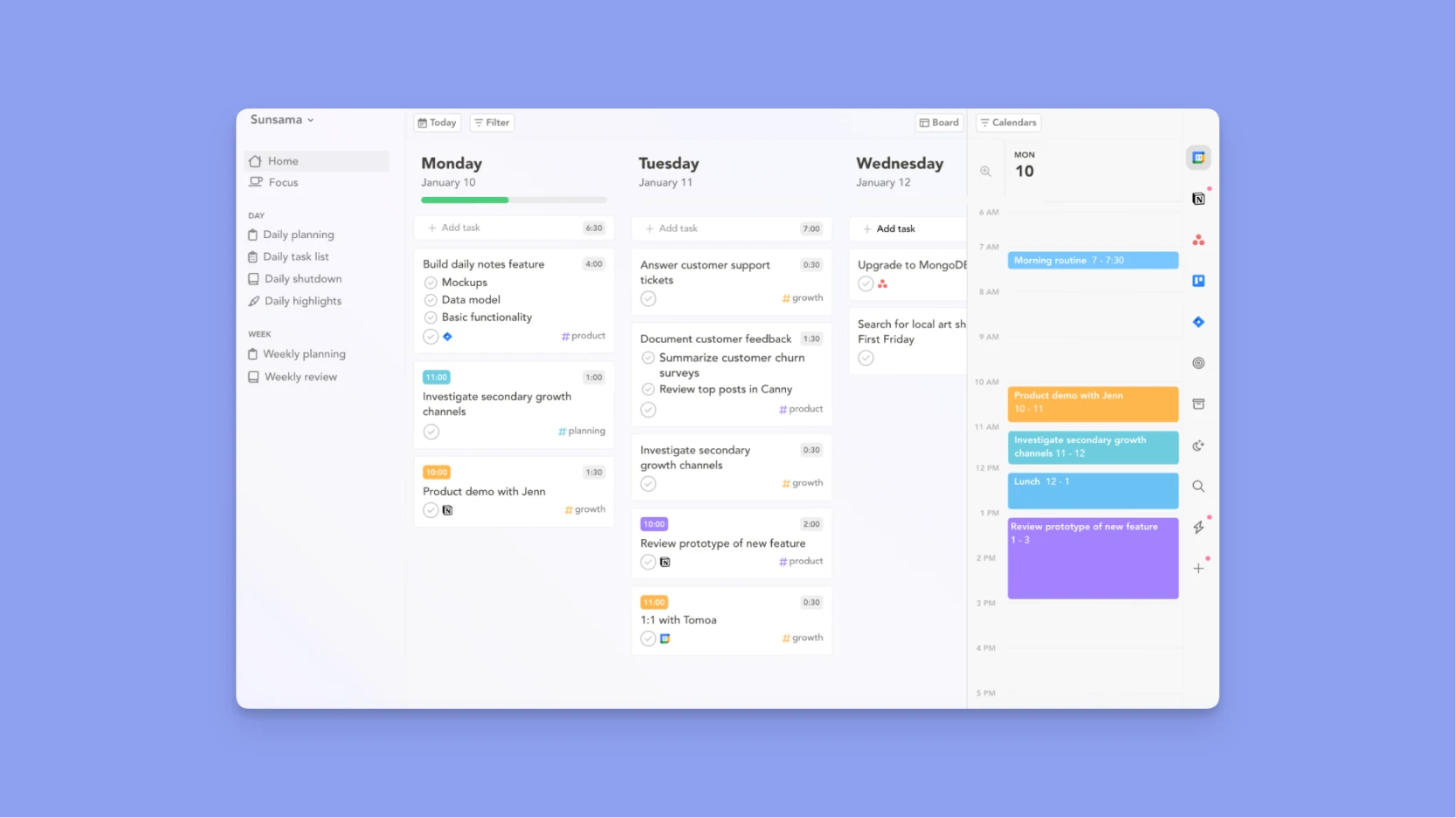 Sunsama para gestão de projetos