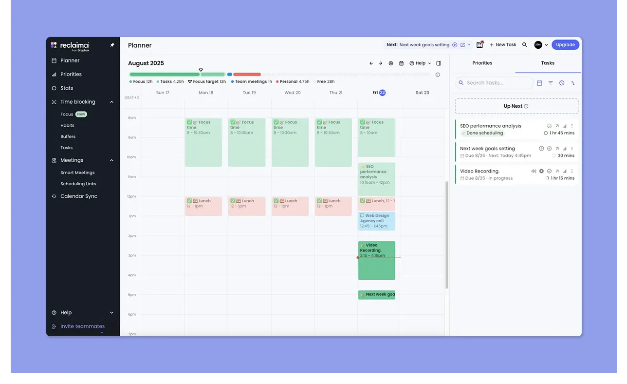 Reclaim AI Tasks Planning and Focus Time