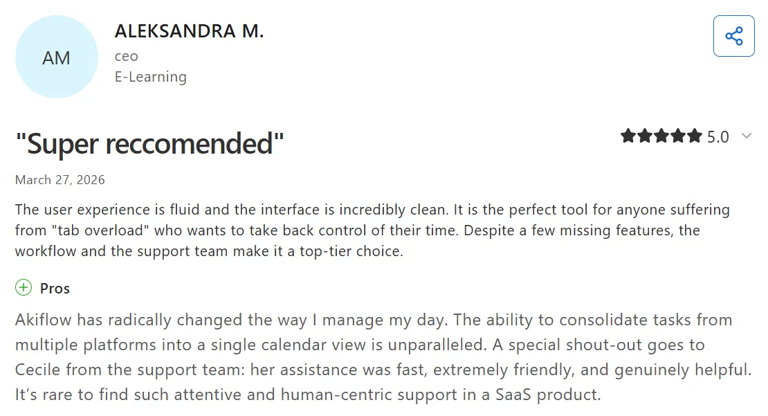 Positive Akiflow Tool Customer Reviews