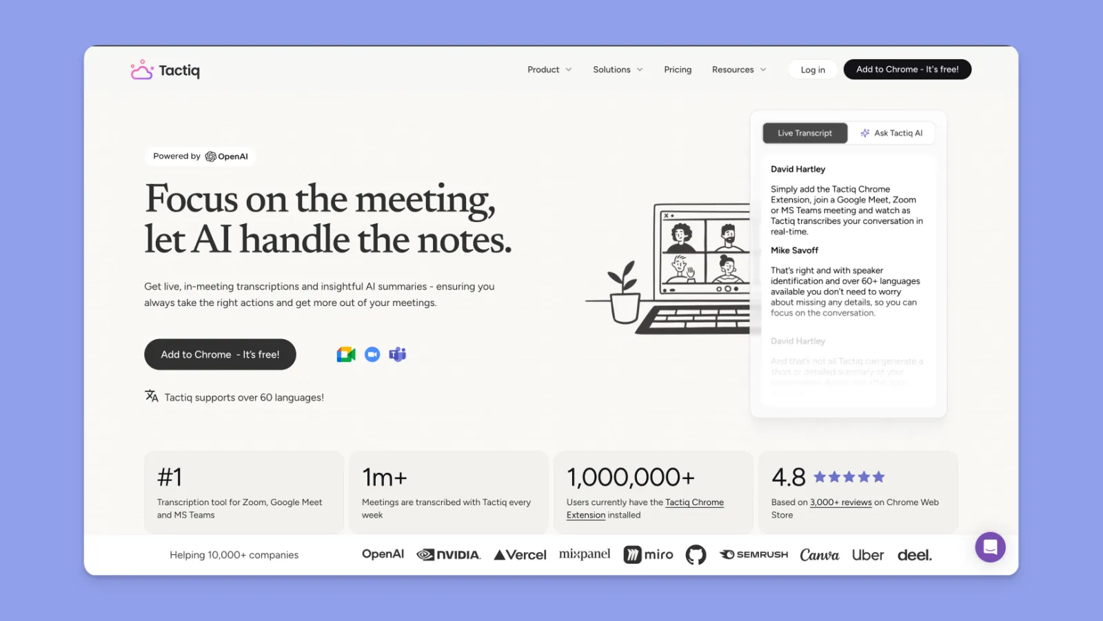 Tactiq side panel reading Google Meet captions in real time, no bot in the call