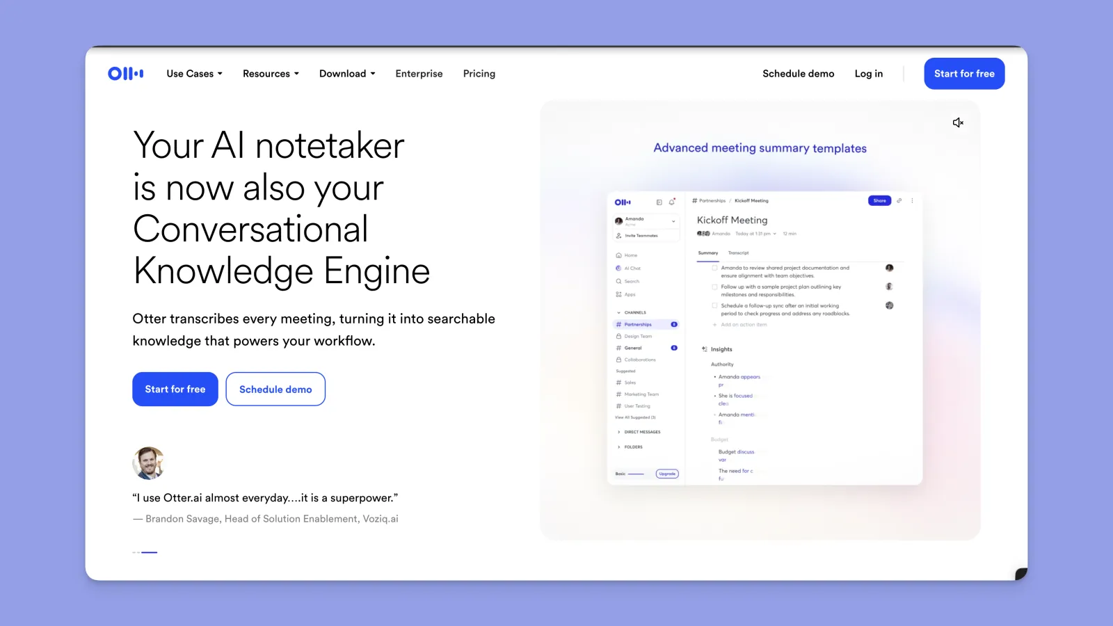 Otter.ai dashboard showing live meeting transcript and AI Chat across past calls