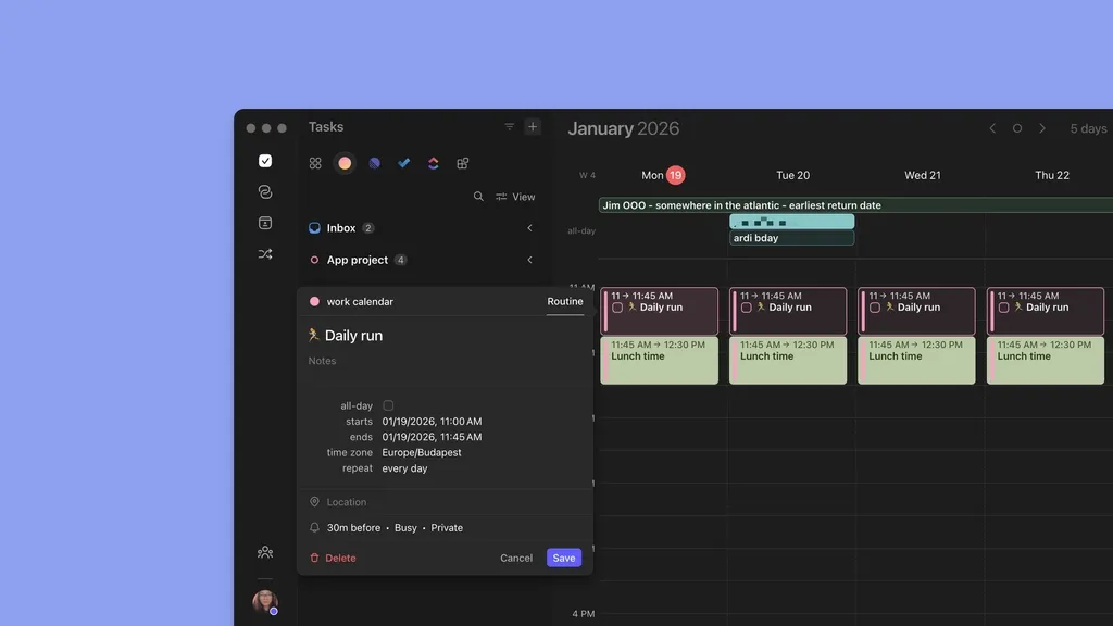 Morgen app creating a daily recurring routine over time-blocked calendar events.