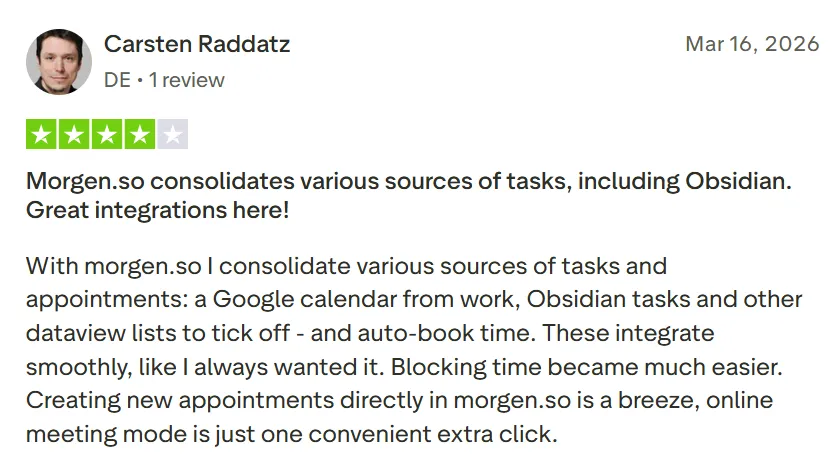 Positive user review for Morgen app praising its calendar consolidation and task features.