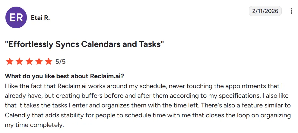 A 5-star customer review for Reclaim.ai highlighting automated calendar scheduling.