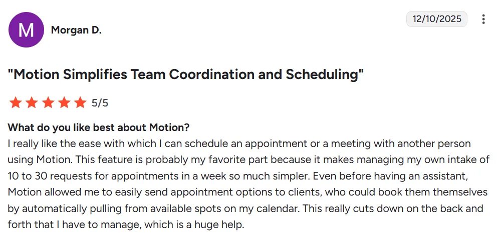 A 5-star customer review for Motion app