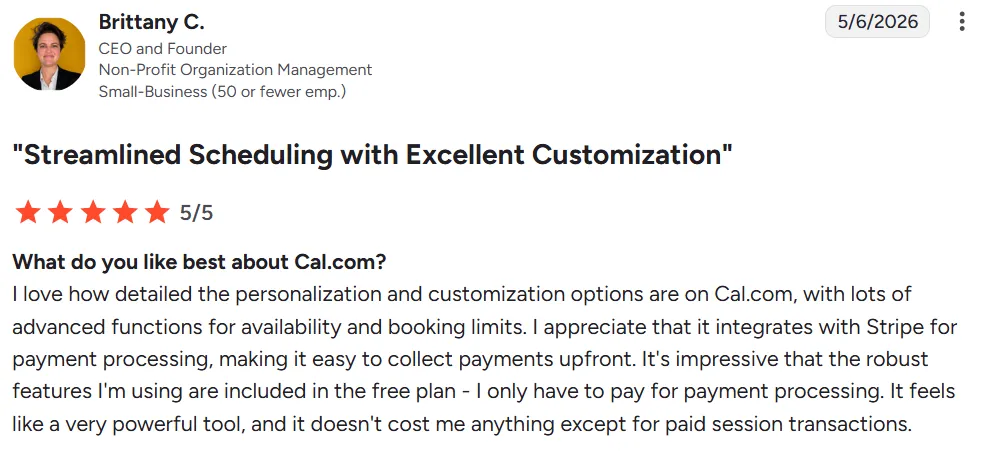 Positive user review for Cal.com
