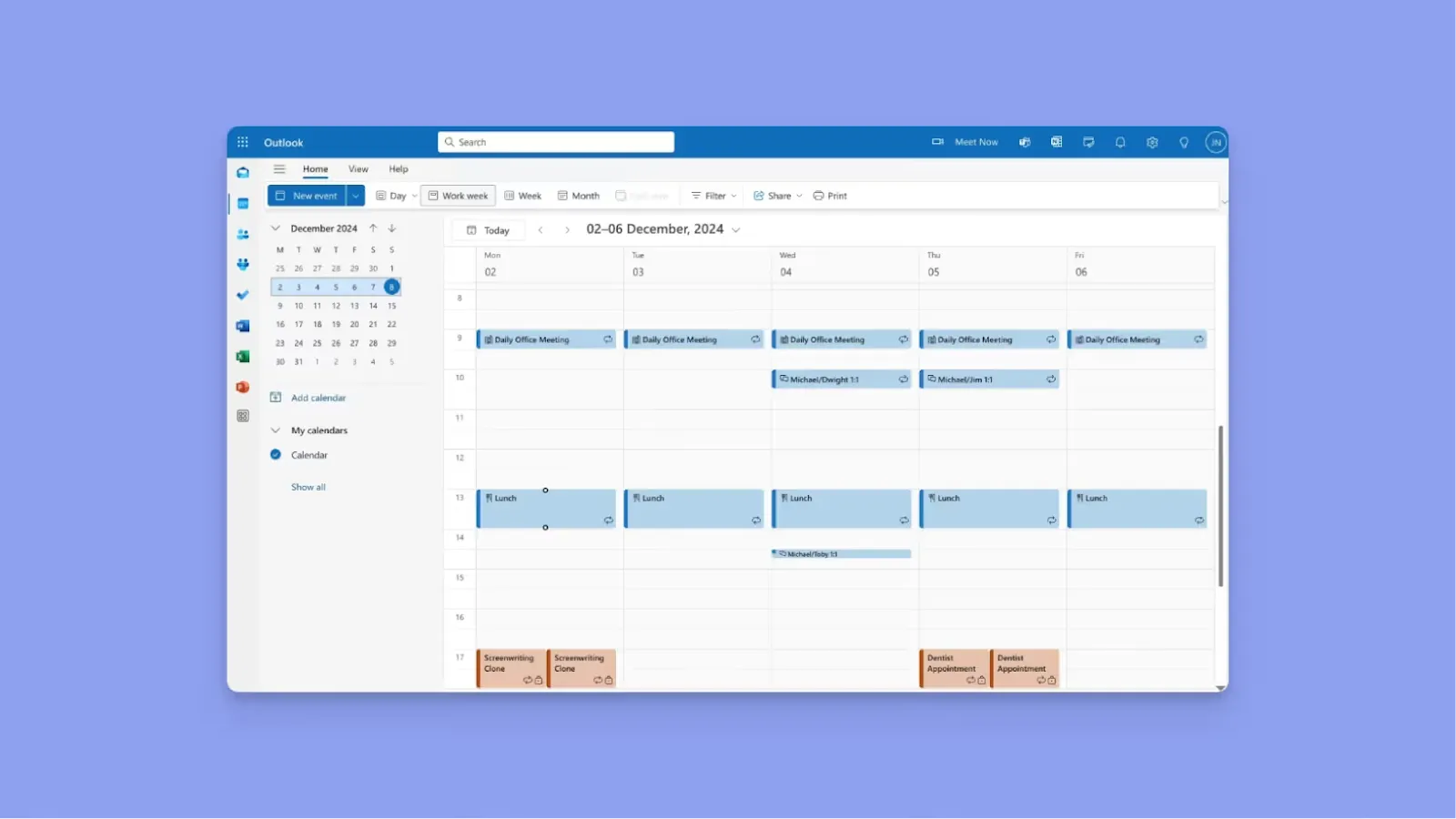 Microsoft Outlook web app calendar showing scheduled weekly business meetings and lunch blocks.