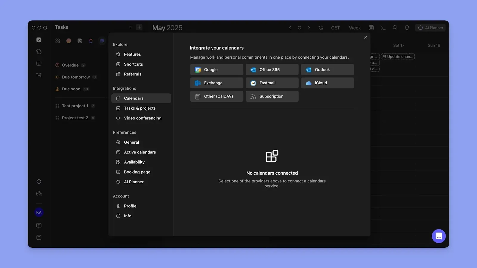 Morgen app dark mode settings panel displaying calendar sync options.