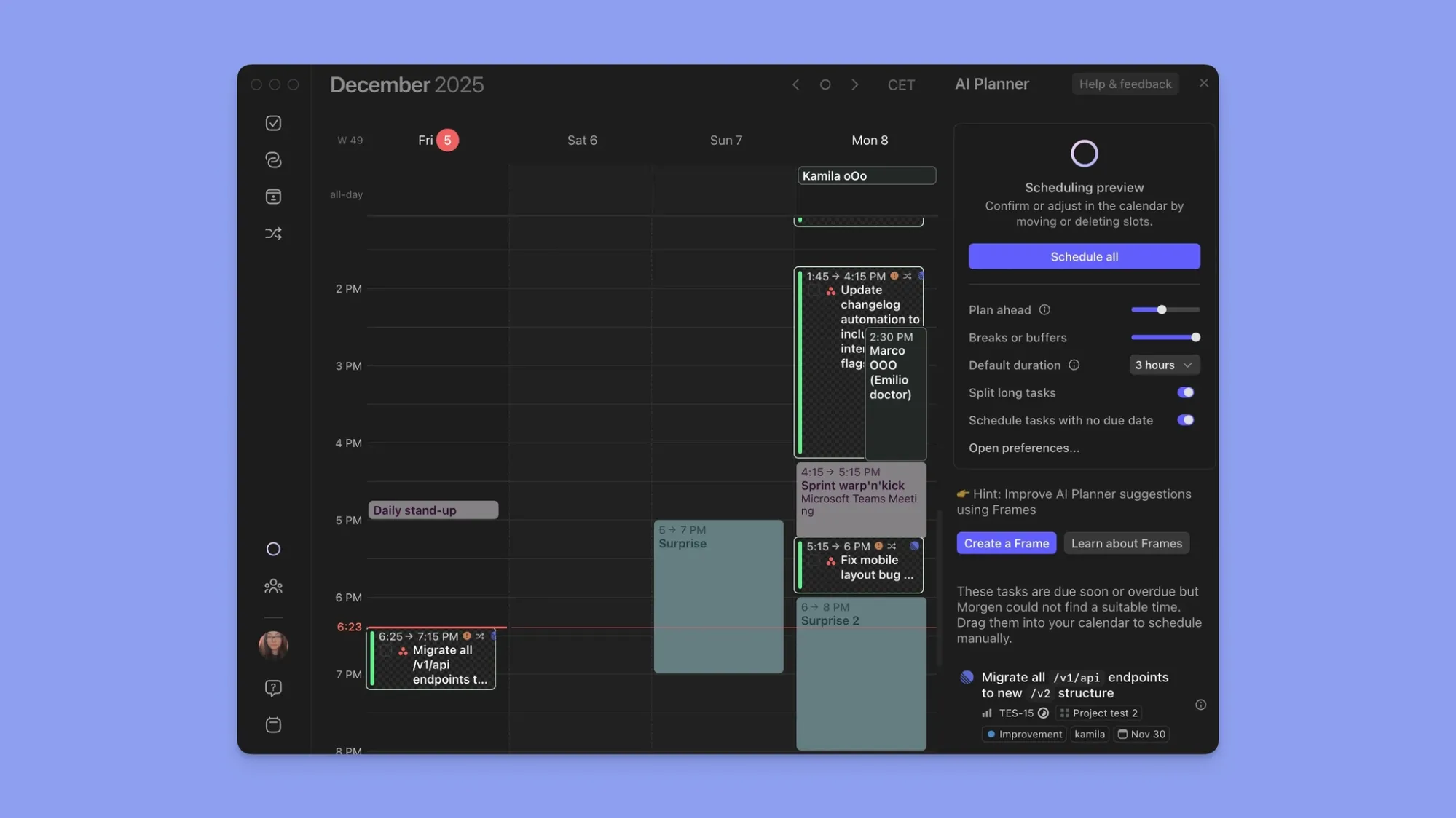 orgen calendar workspace interface utilizing smart AI scheduling preview parameters.