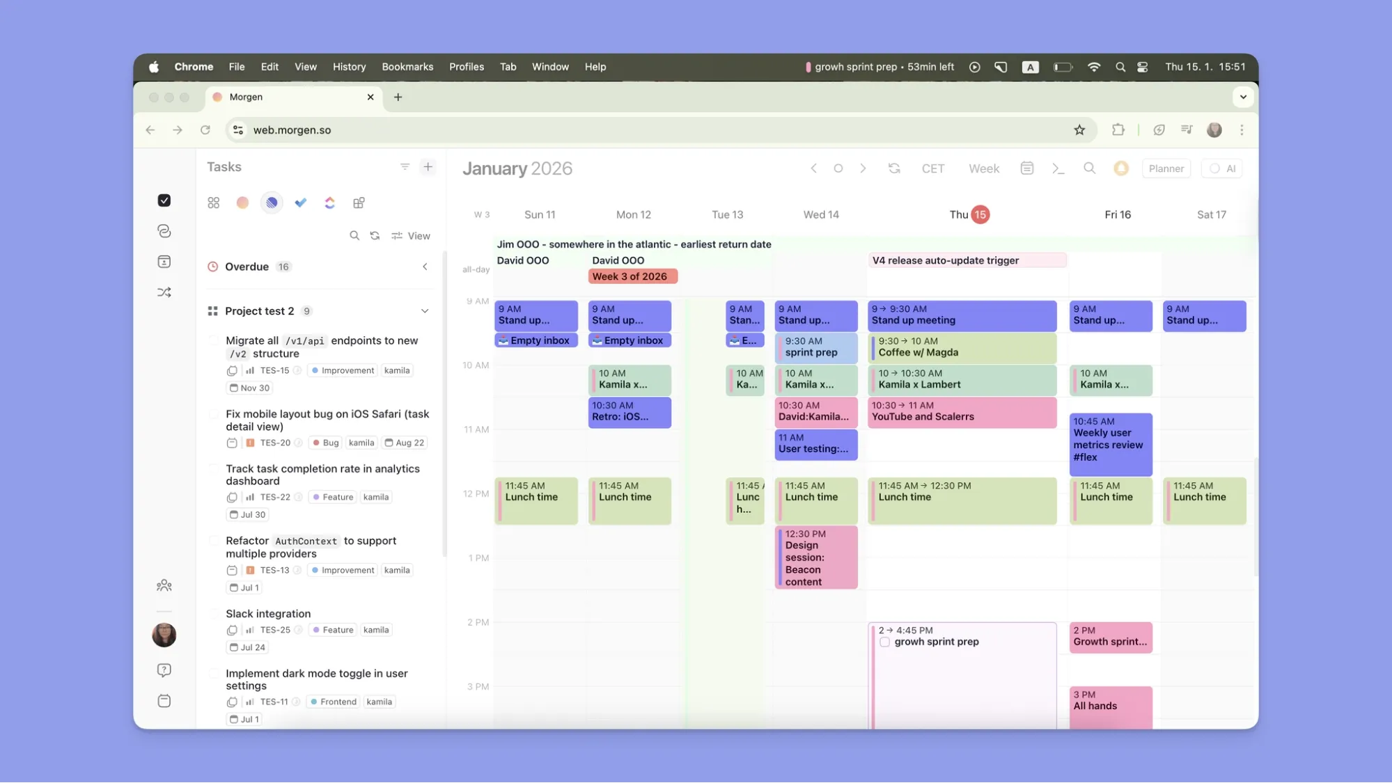 Morgen browser interface displaying daily color-coded events, meetings, and a sidebar checklist