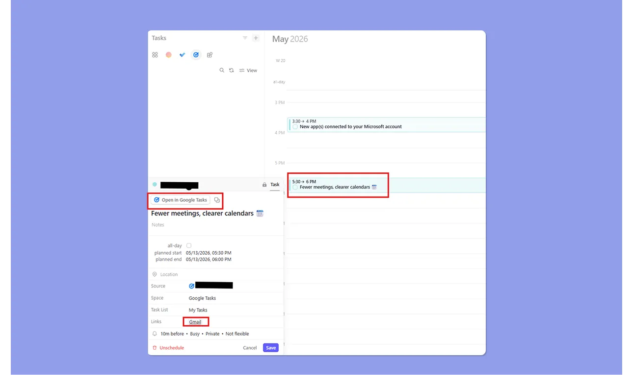 Morgen app UI detailing Google Tasks and Gmail email task integration.