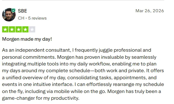 Positive Trustpilot review for Morgen