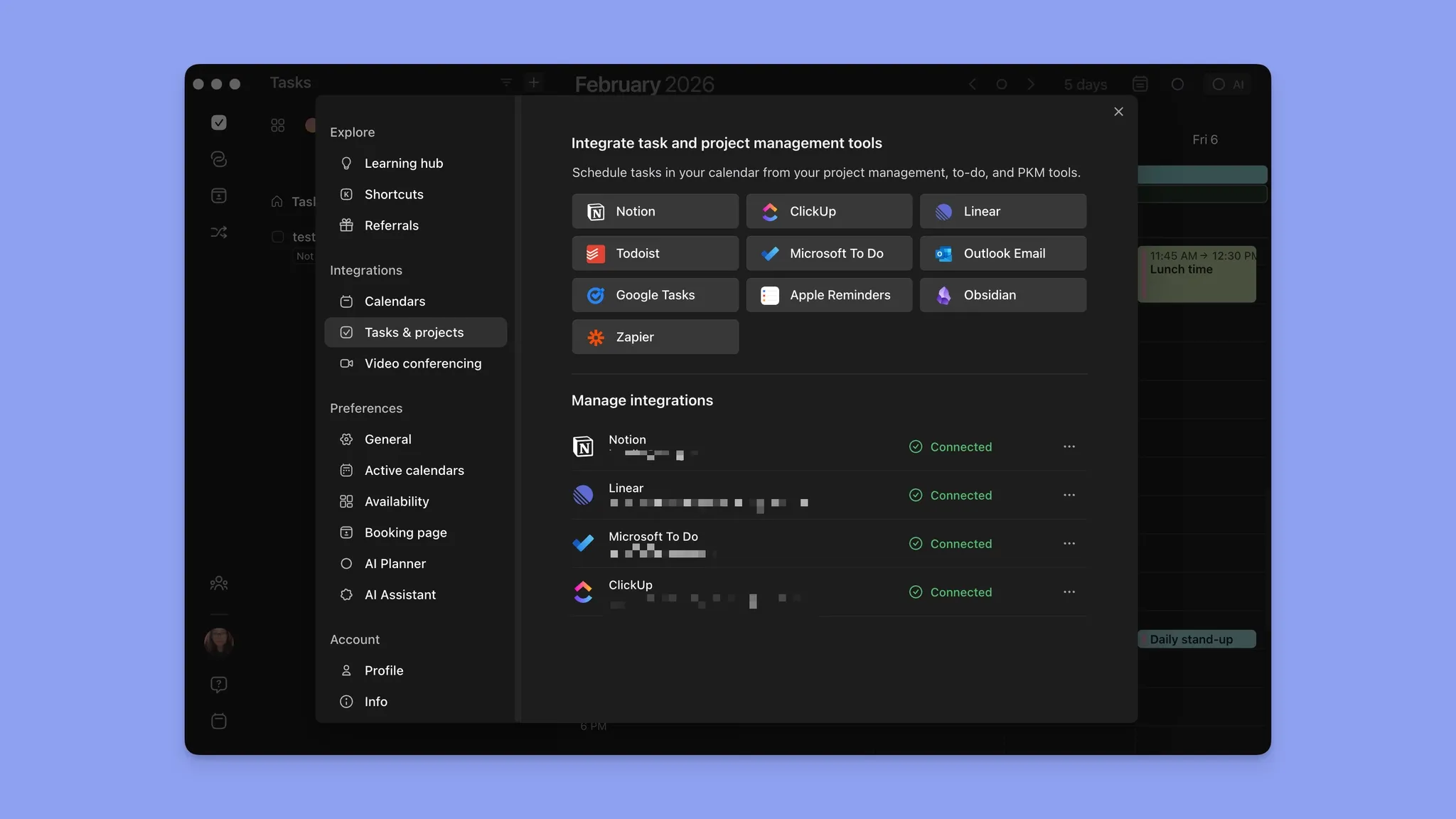 Limited Daily Planning, Calendar Management, and Integrations
