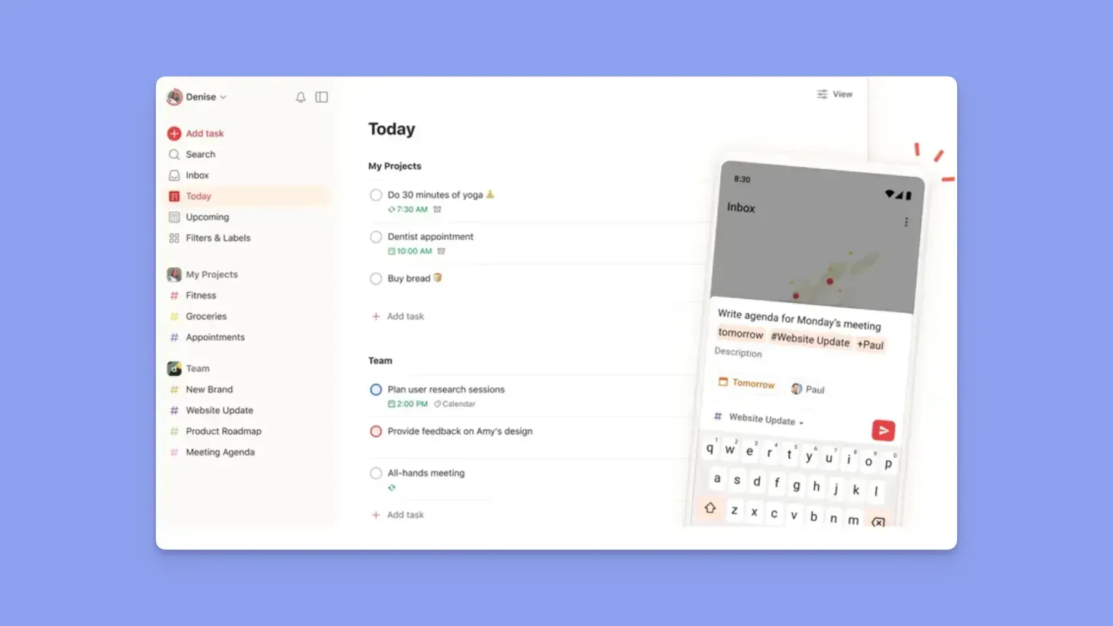 Todoist desktop and mobile interface displaying daily tasks and projects.