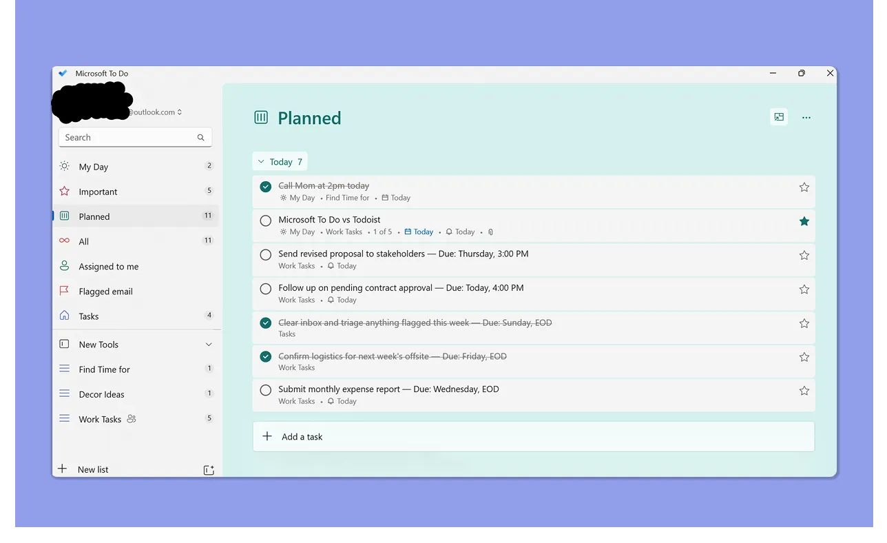 Microsoft To Do desktop interface showing the Planned task list dashboard.