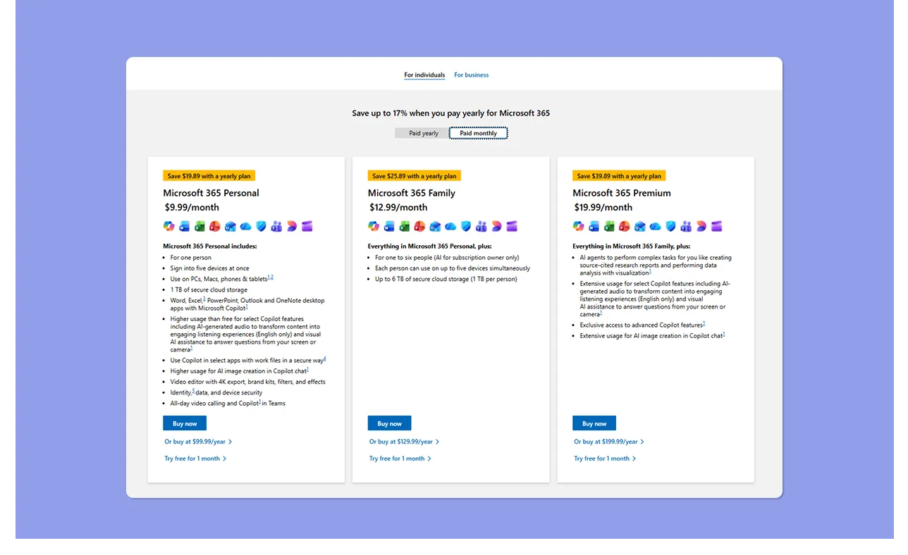 Microsoft 365 pricing page comparing Personal, Family, and Premium plans.