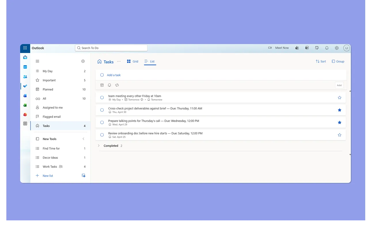 Microsoft To Do integrated into Outlook web interface displaying task lists.