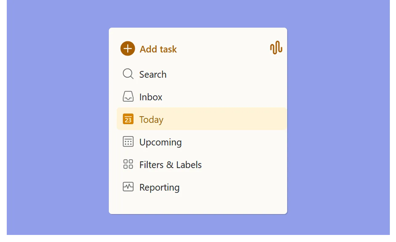Todoist navigation sidebar showing options like Add task, Inbox, and Today.