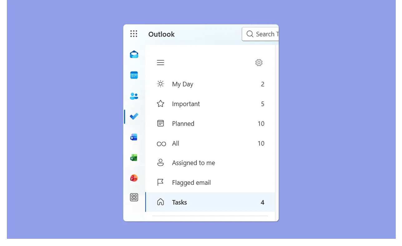 Outlook interface showcasing a compact tasks navigation menu with numbers.