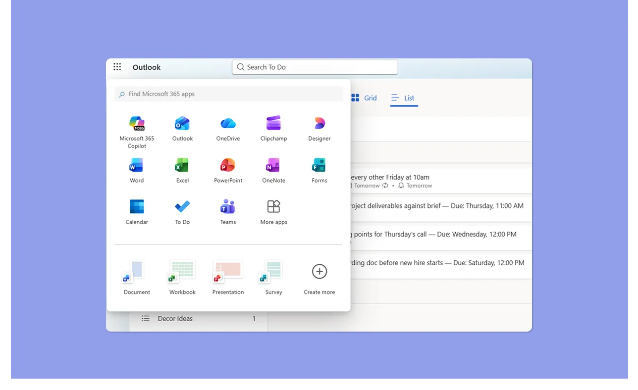 Outlook web layout showing a pop-up menu of integrated Microsoft apps.