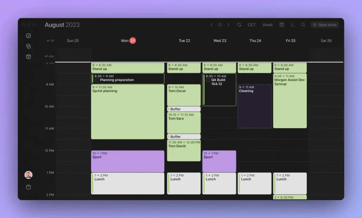 Morgen application weekly calendar dashboard view in dark mode.