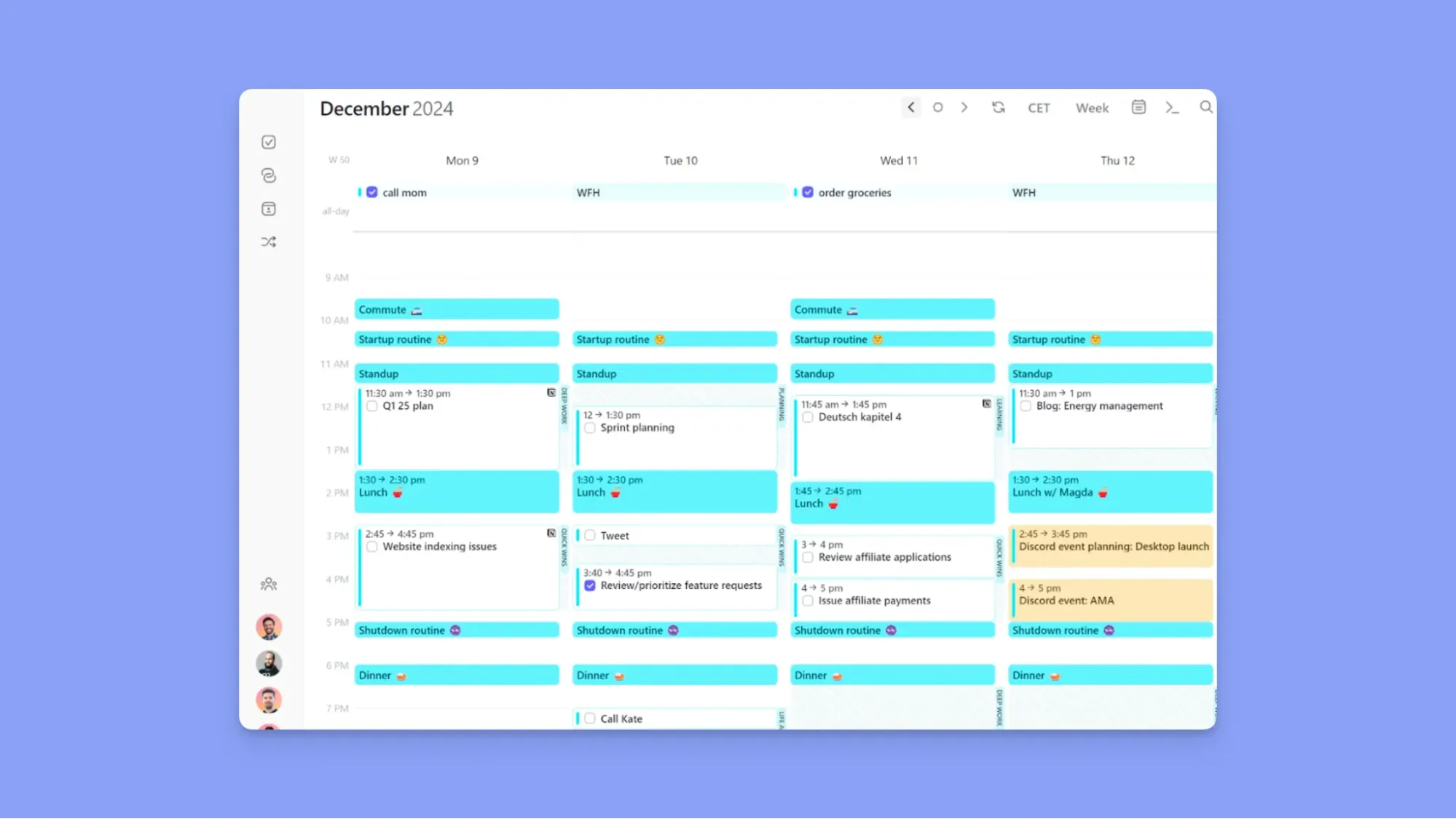 Morgen app weekly calendar layout in light mode displaying time-blocked slots.