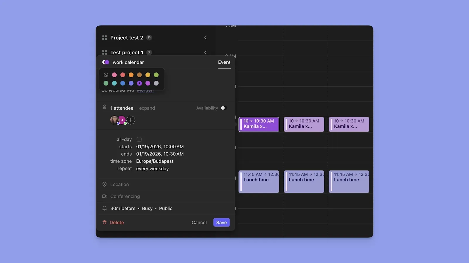 Morgen app event creation window open on a dark mode calendar schedule.