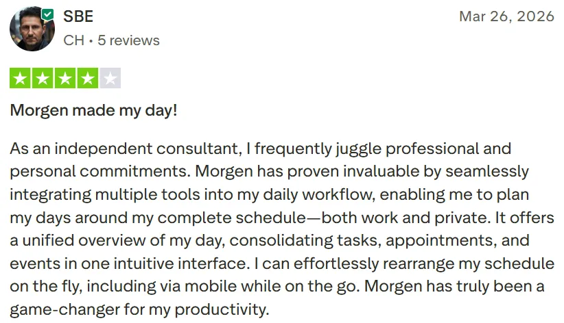 A positive 4-star software review for the Morgen productivity app.