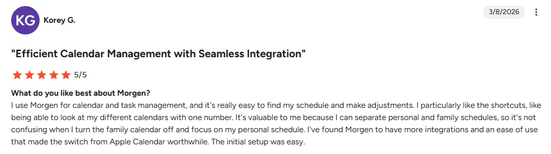 A positive 5-star software review for the Morgen calendar application.