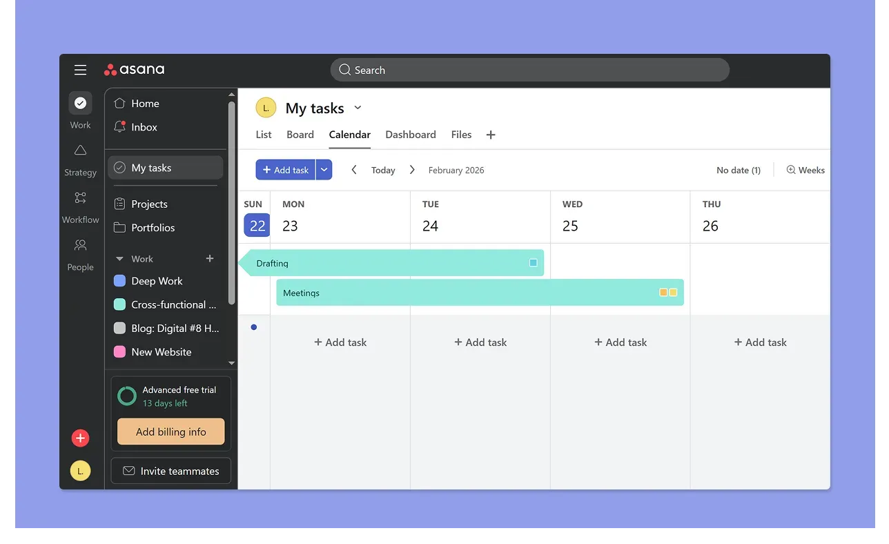 Asana project management dashboard displaying the My Tasks calendar view.