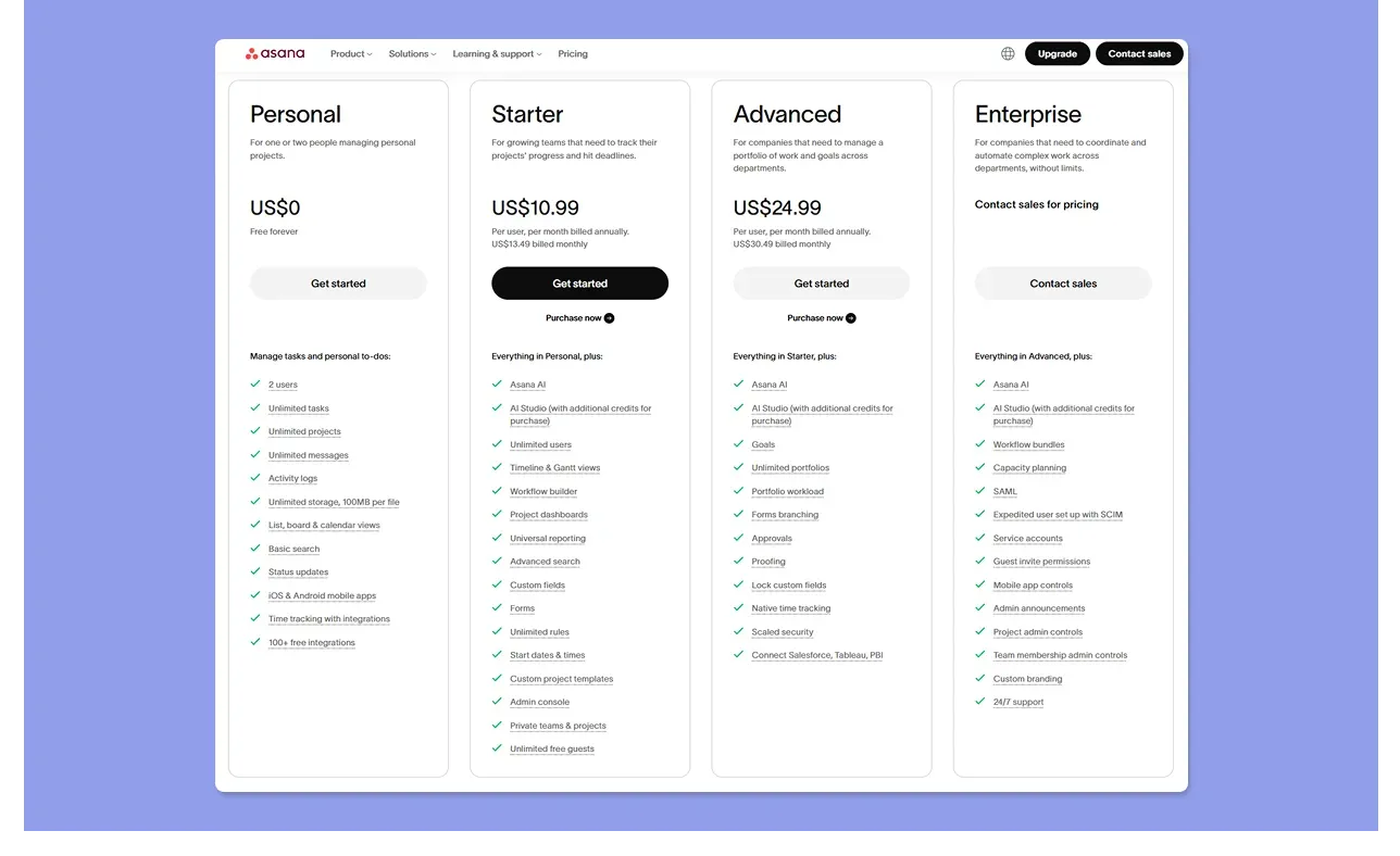Asana pricing page comparing Personal, Starter, Advanced, and Enterprise.