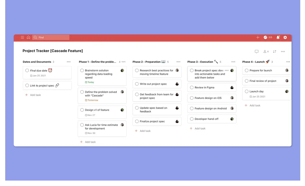 Todoist project tracker board view showing columns for phase milestones.