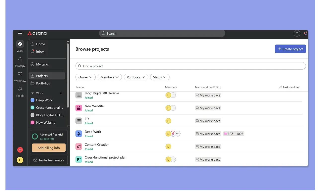 Asana project dashboard displaying a list of active workspace projects.
