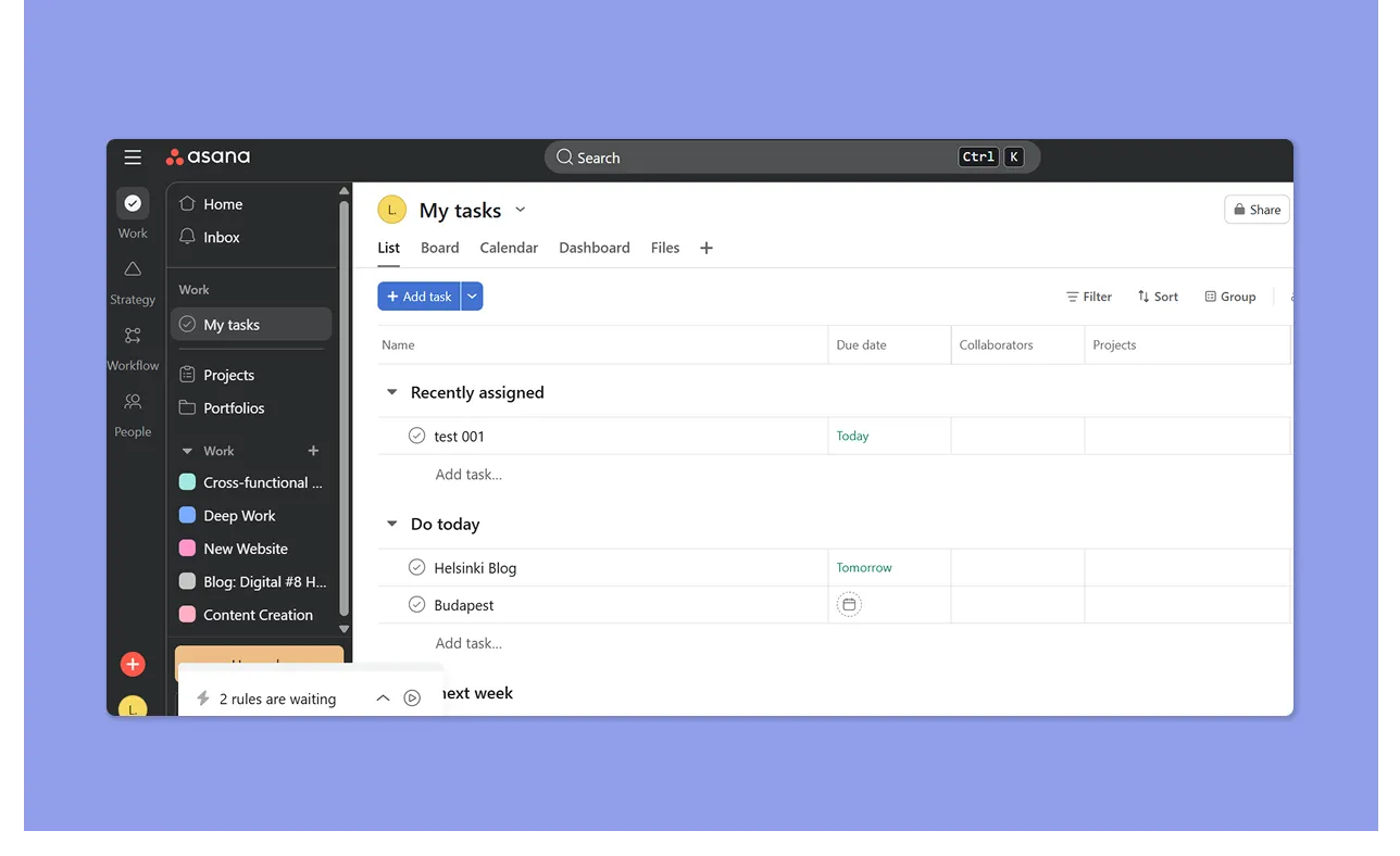 Asana project management dashboard displaying the My Tasks list view.