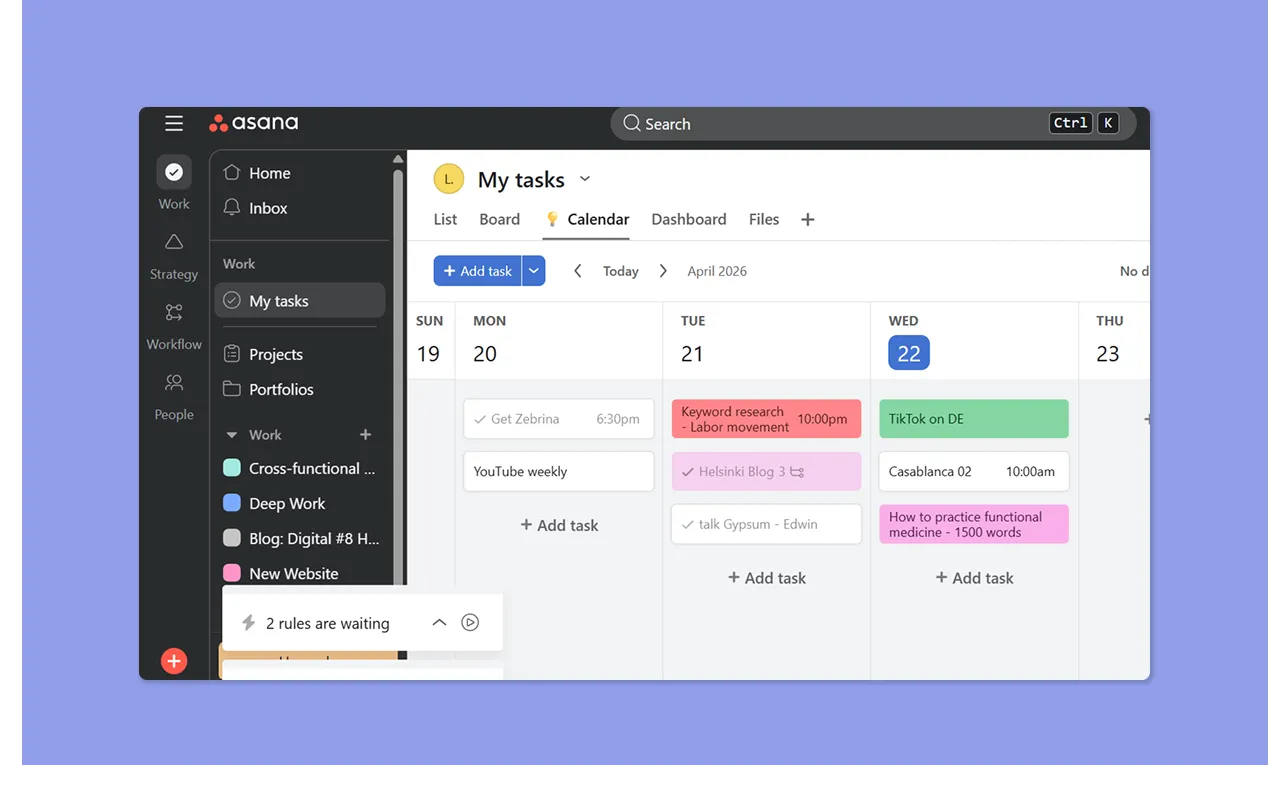 Asana calendar view tracking tasks like keyword research and content creation.
