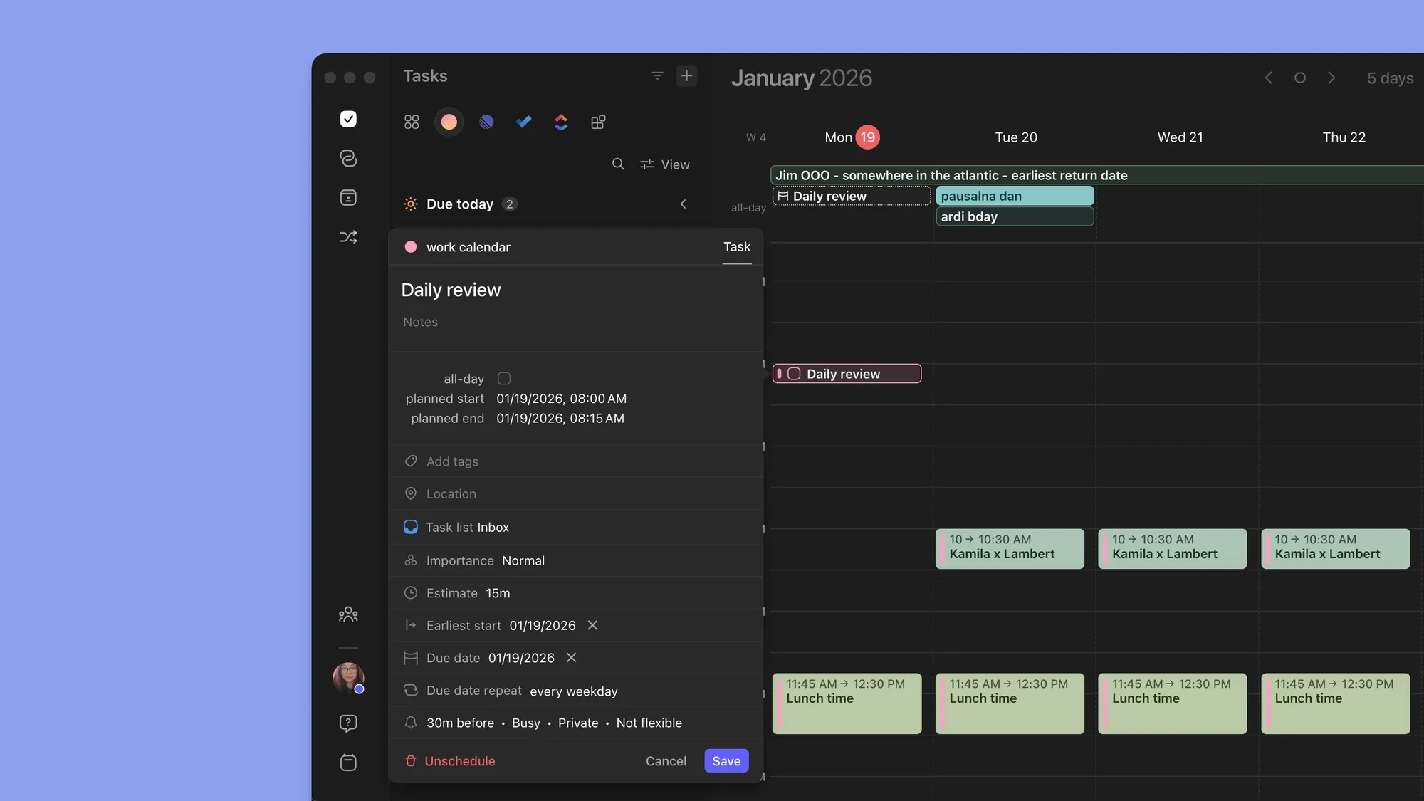 Morgen calendar software interface showing a daily review task details panel.