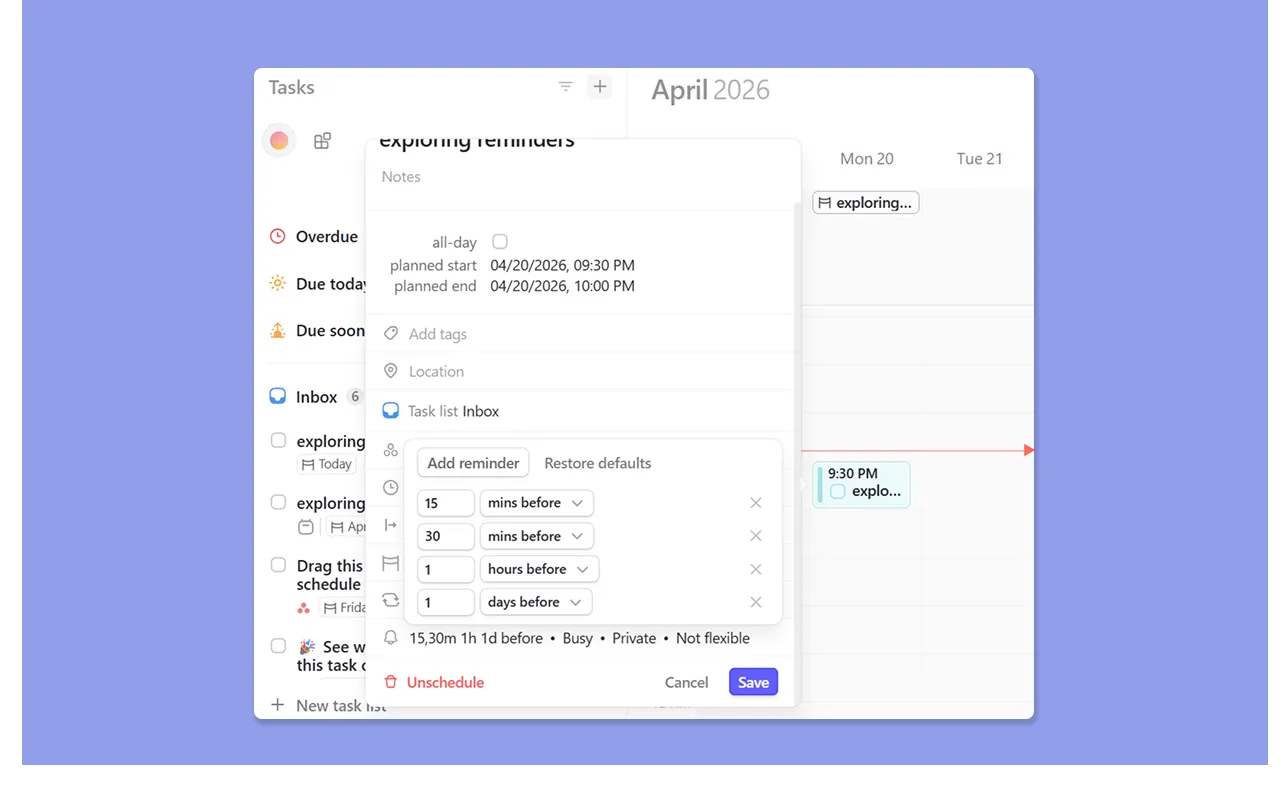 Morgen app interface displaying a task reminder settings pop-up.