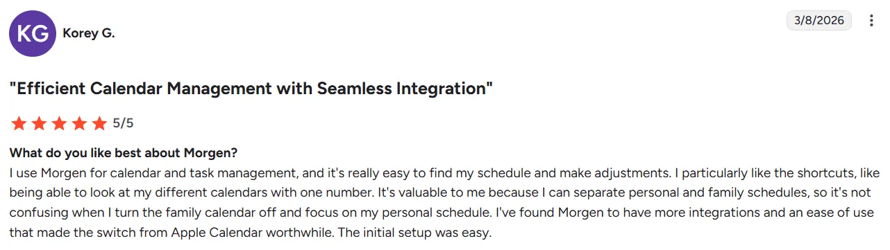 Five-star user review snippet praising Morgen calendar management software.