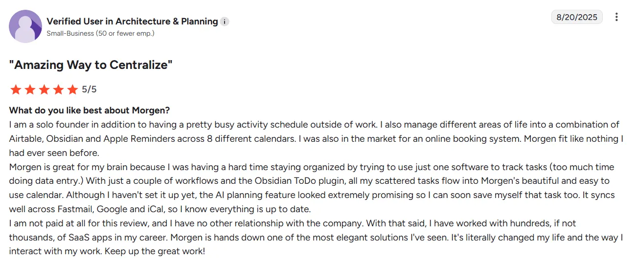 Five-star user review snippet praising Morgen calendar centralization software.