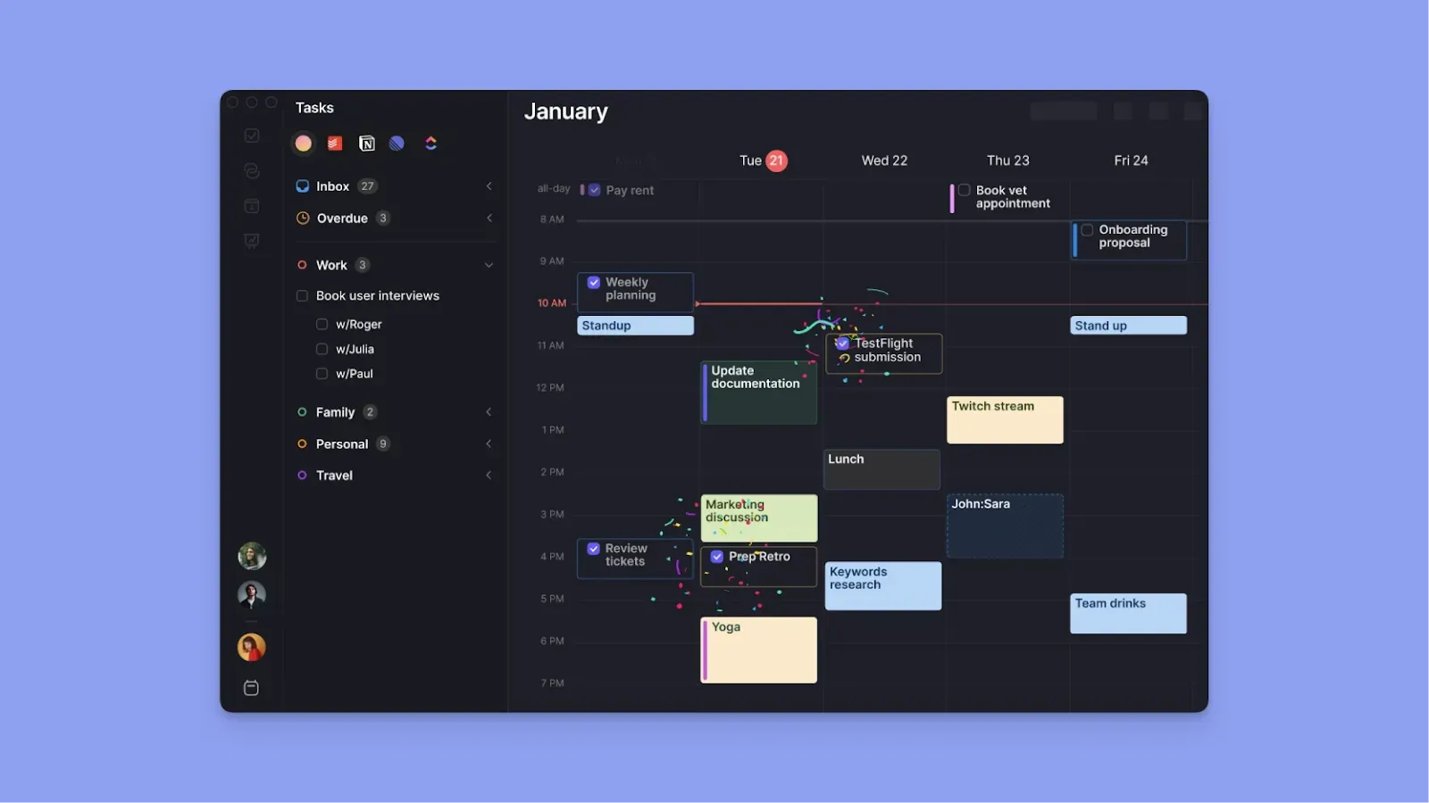 Weekly time blocking and task management layout in Morgen calendar app
