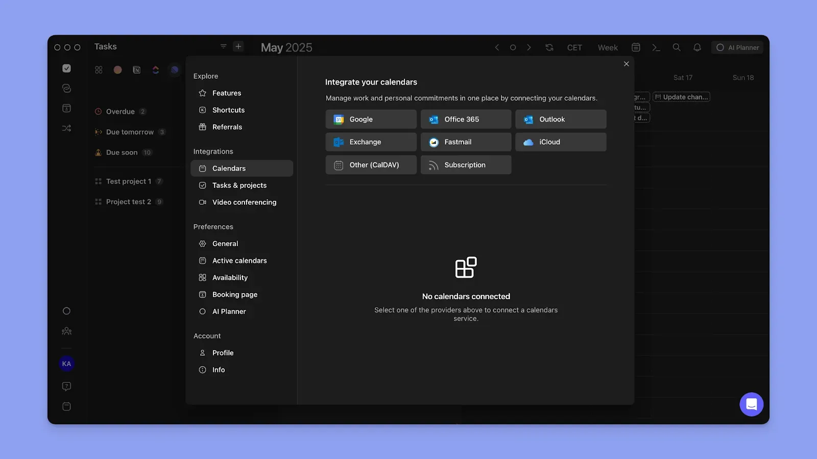 Morgen app dashboard displaying the unified calendar integrations pop-up window.
