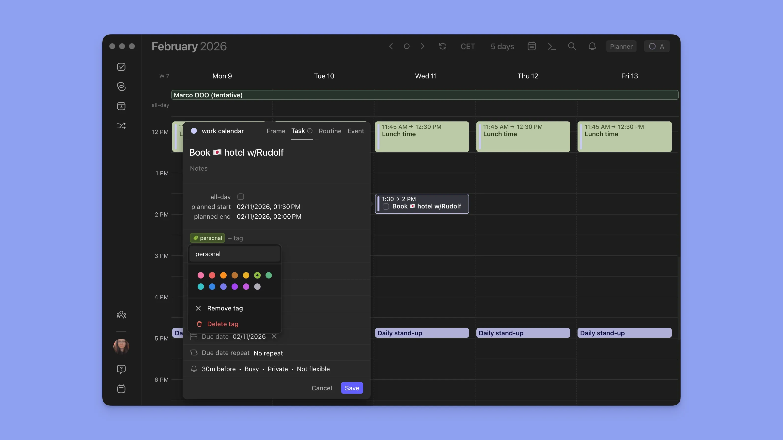 Color-coding personal and work tags on a task event in Morgen calendar app.
