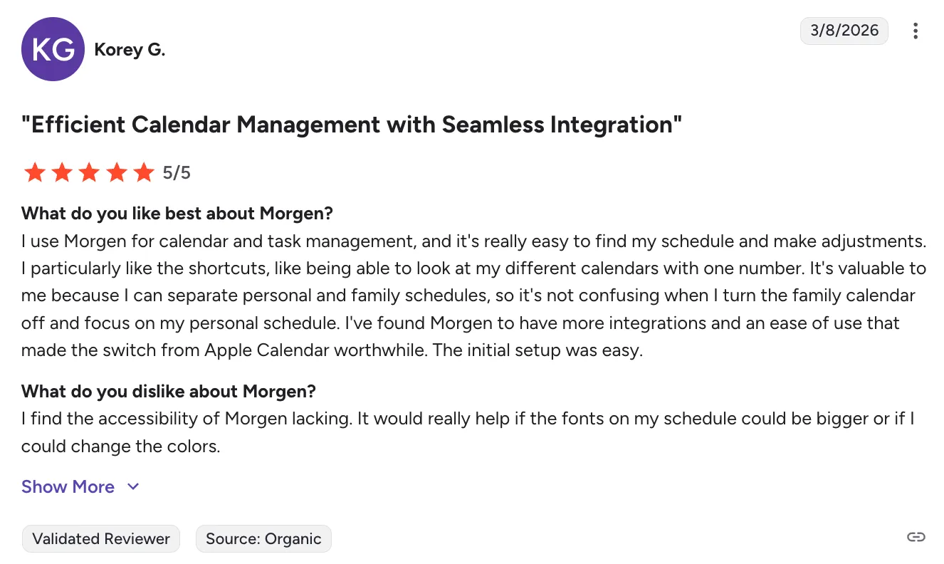 Five-star user review screenshot praising Morgen app calendar management.