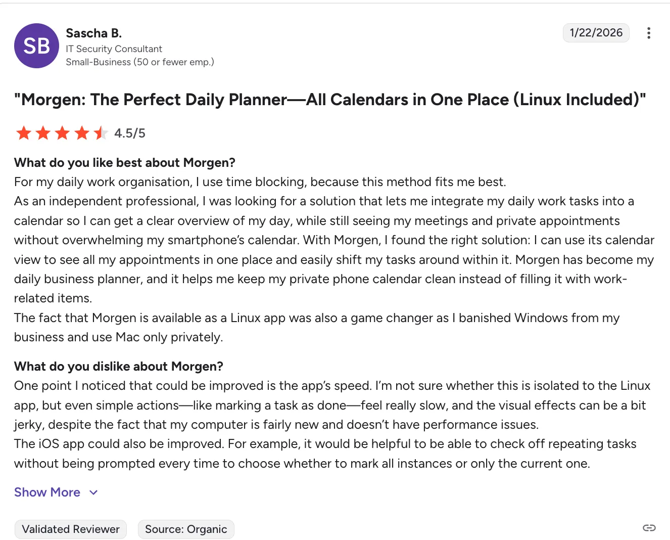 Four-and-a-half star user review praising Morgen as a daily calendar planner